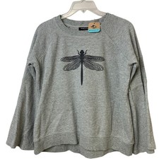 Upcycled Hand Printed Mens Medium Gray Heather Dragonfly Long Sleeve Sweatshirt