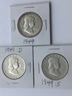 Lot of 3- 1949 P-D-S** SILVER** Franklin Half Dollars 90% SILVER-$1.50 Face. USA
