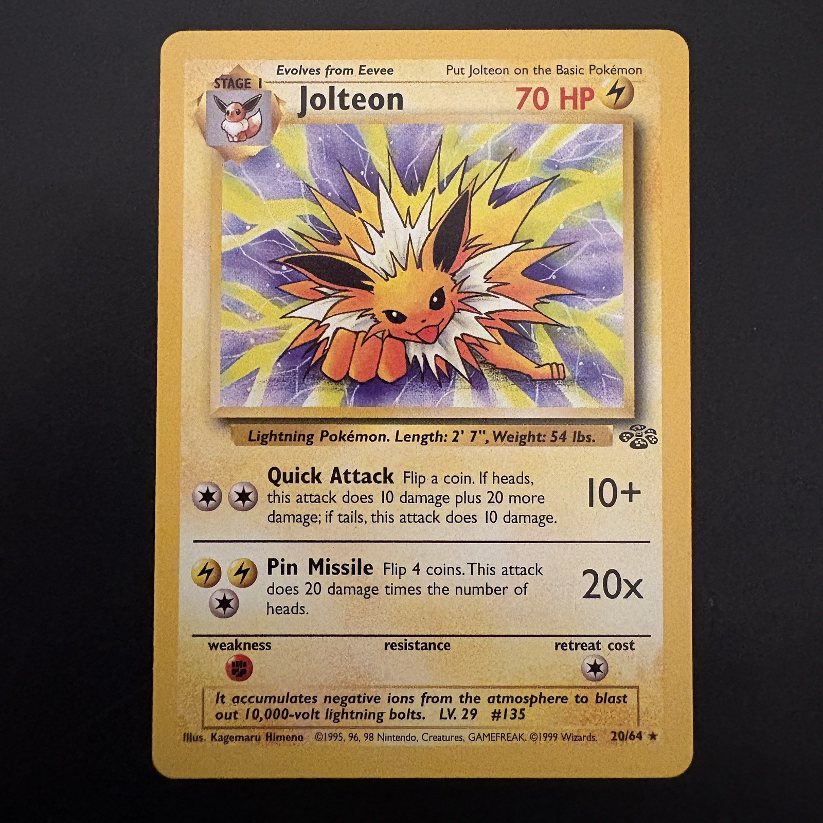 Vintage Pokémon TCG Jolteon Card 20/64 Unlimited Jungle NM