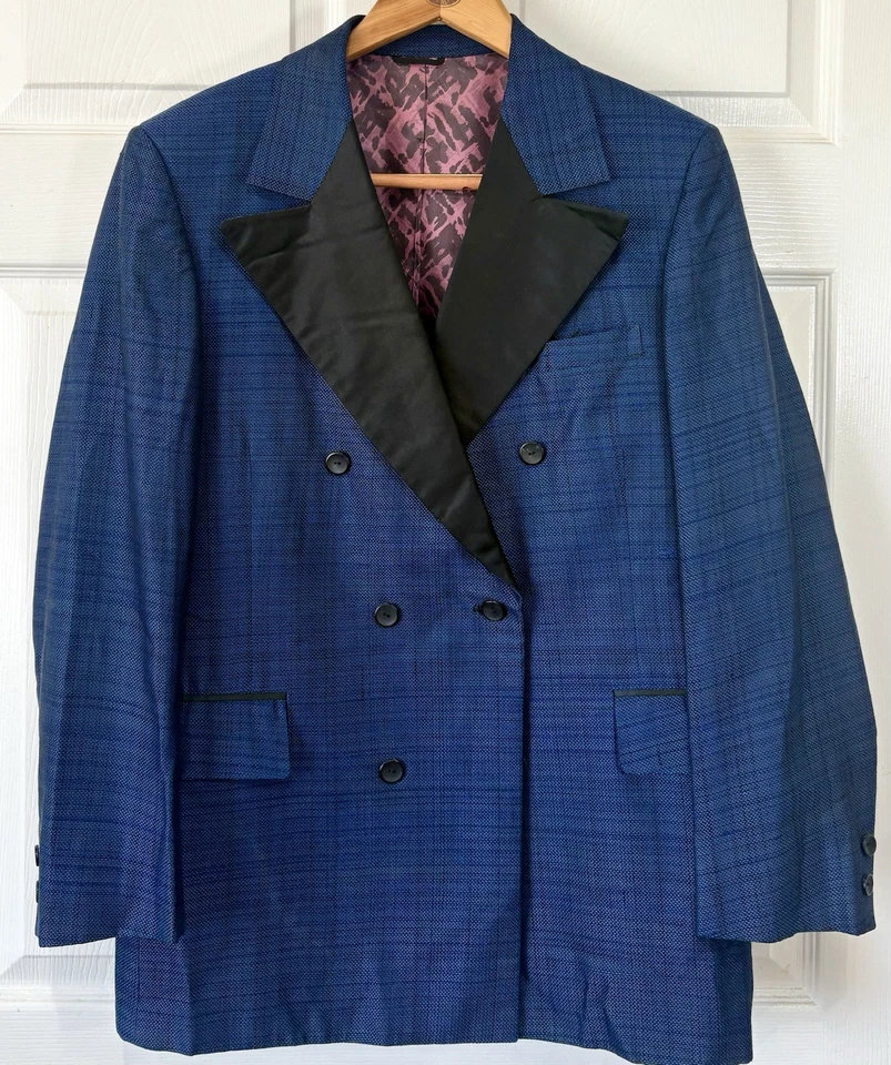 VTG 50s 60s Atomic Blue and Black Satin Tuxedo Smoking Jacket With Bow Tie 38R - Image 4 of 4