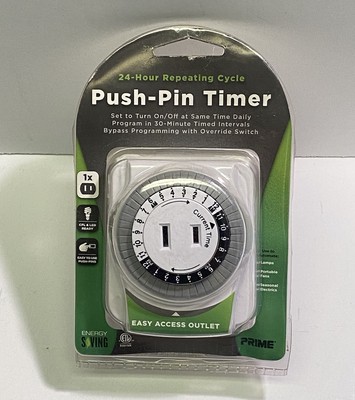 Push Pin Timer PRIME 24-Hour Repeating Cycle TNI24111 Easy Access Outlet New