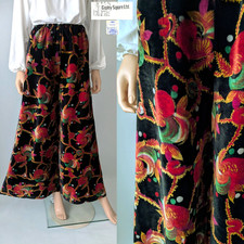 Vtg 70's Psychedelic Rayon Velvet Wide Leg Palazzo Pants Bell Bottoms S/M