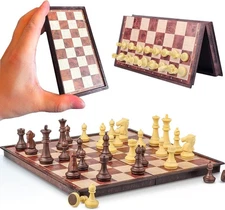 Magnetic Travel Chess Set - Folding Chess Board with Storage Box, Portable Woode