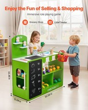 New Kids Grocery Store Playset, Wooden Play Market Stand with Shopping Bag, Kid