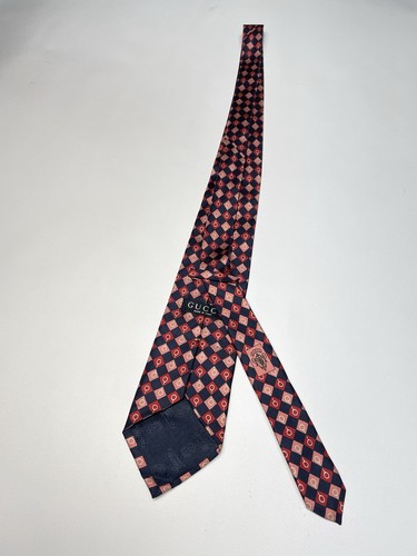 GUCCI tie necktie No Box Wide tie Check pattern Red Navy Silk Made in Italy Mens - Picture 2 of 11