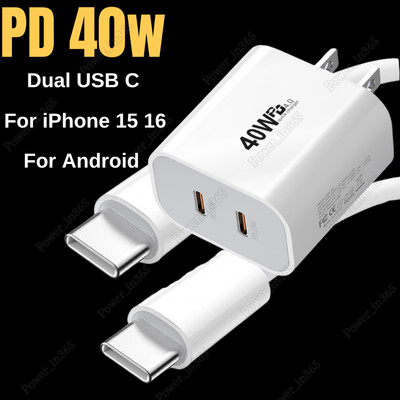 40W Dual USB-C Fast Charger Adapter PD Type-C Cord For iPhone 15 16 Plus Pro Max
