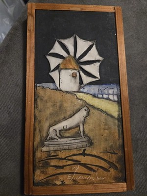 Vintage Painted Windmill Greek Sea Side Scene On Decorative Hanging Ceramic Tile