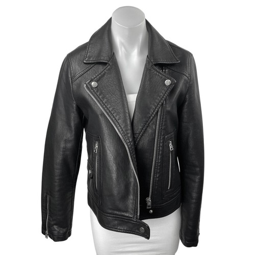 Topshop Women's Black Faux Vegan Leather Full Zip Long Sleeve Moto Coat Jacket 6