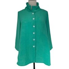 Yushi Women's Teal Basic Jacket M Wire Collar Button-Front Long Sleeve Lagenlook