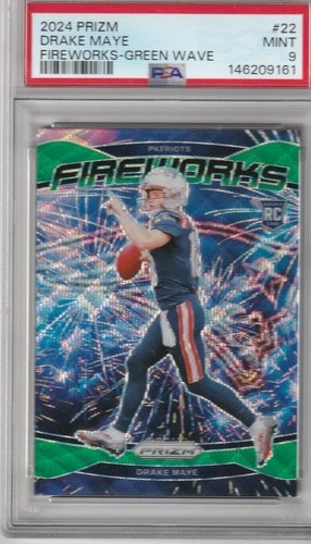 2024 Prizm Drake Maye Fireworks Rookie PSA 9 Mint Green Wave Patriots SP RC
