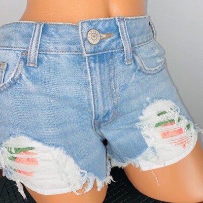 Express Jean Shorts Light Wash Shortie Floral Peekaboo Pockets Boho Artsy 0