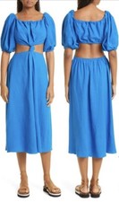 Farm Rio Cutout Waist Blue Linen Blend MIDI Dress Size Medium NEW