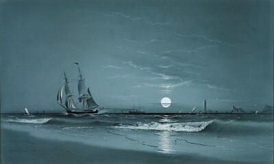 Marcus Larson Entrance to Harbor Moonlight 1881 17''x 22'' Archival Art Print