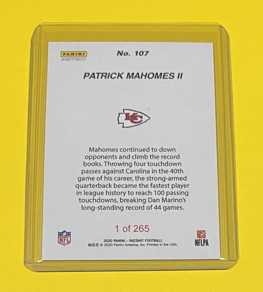 2020 Panini Instant Patrick Mahomes II FASTEST TO 100 TDS 1/265 SP Chiefs #107 - Image 2 of 2