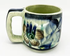 VTG. Folk Art Tonala Jalisco Mexico Large Pottery Mug Coffee Cup Blue Floral