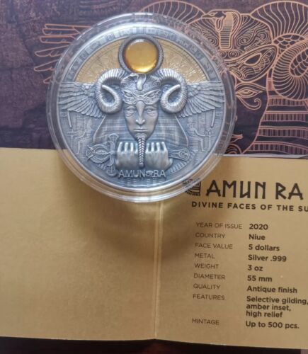 2020 AMUN-RA Divine Faces of the Sun 3oz High Relief Silver $5 Coin Niue - Picture 4 of 4