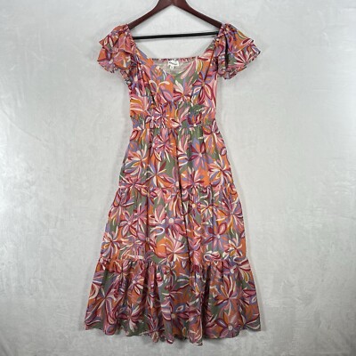 &Merci Dress Womens Medium Green Pink Floral Tiered Ruffle Midi Cut Out Back
