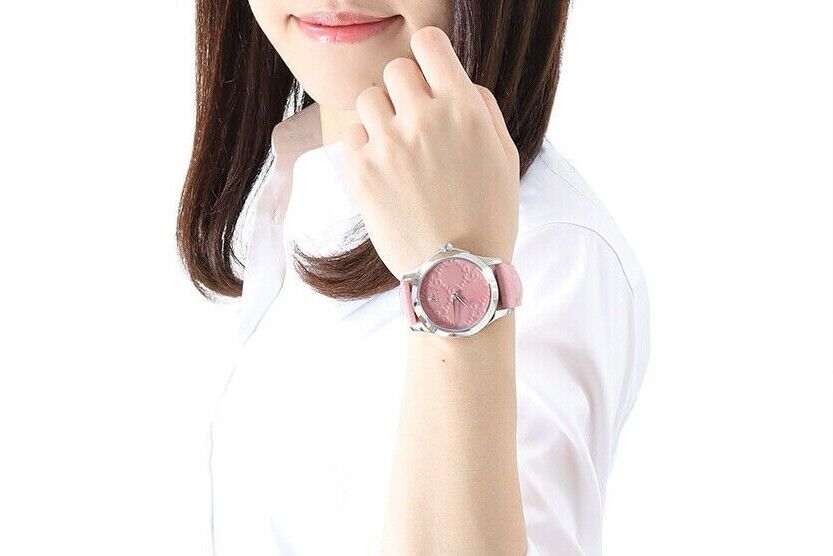 GUCCI G-TIMELESS WATCH YA1264030 PINK LEATHER SILVER TONE GUCCI G-TIMELESS WATCH YA1264030 PINK LEATHER SILVER TONE