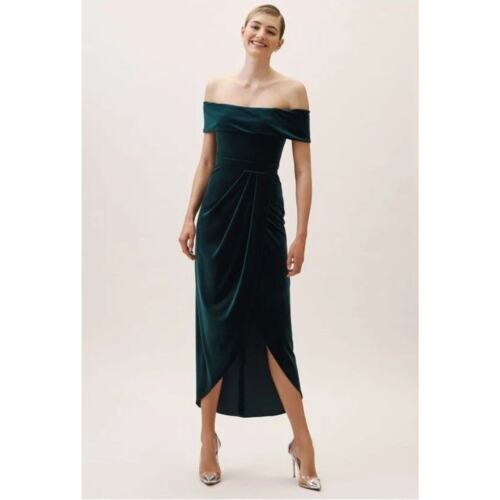 BHLDN Anthropologie Womens Off Shoulder Evening Dress Green Velvet Size 14