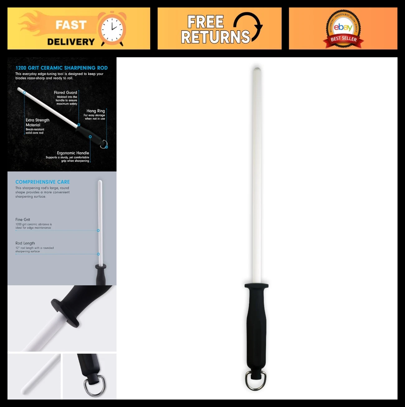 12” Ceramic Knife Sharpener Rod - Fine 1200 Grit, Large Surface, Soft-Grip Handl