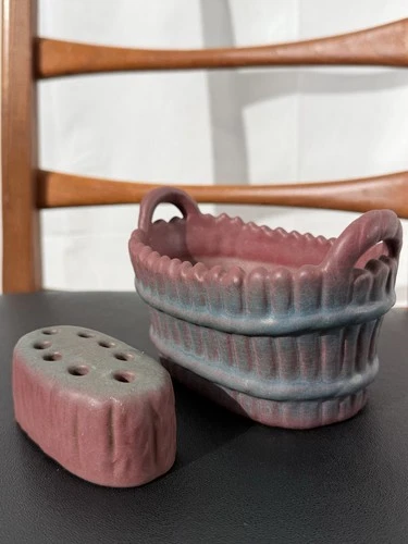 Vintage Van Briggle Pottery Mulberry and Blue Flower Frog Basket 2 Piece Set