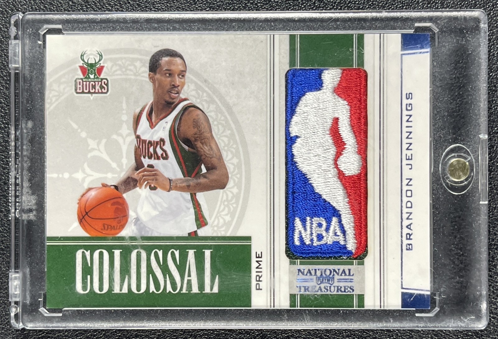 BRANDON JENNINGS 2009-10 NATIONAL TREASURES ROOKIE COLOSSAL NBA LOGOMAN PATCH /5
