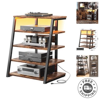 Stylish Rustic Brown 5-Tier Audio Tower with Adjustable Shelves and Power Strips