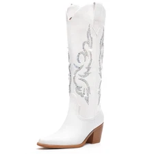 White Wide Calf Rhinestone Cowgirl Boots for Women - Knee High, Embroidery, Zip