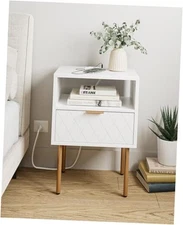 Nightstand with Charging Station, Small 1 Drawer 21-white Diamond With Outlet