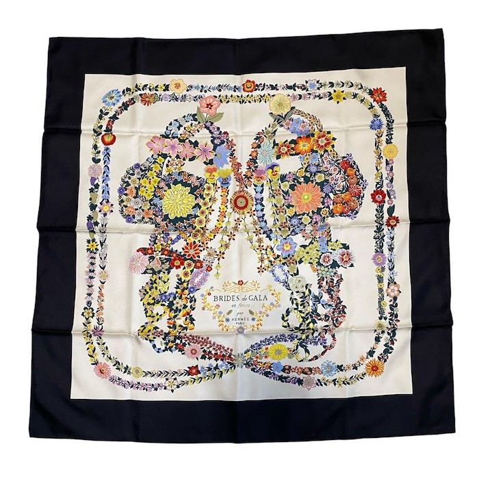 HERMES BRIDES & GALA スカーフ Hermes Scarf Stole Brides de Gala en Fleurs Floral Black Ivory