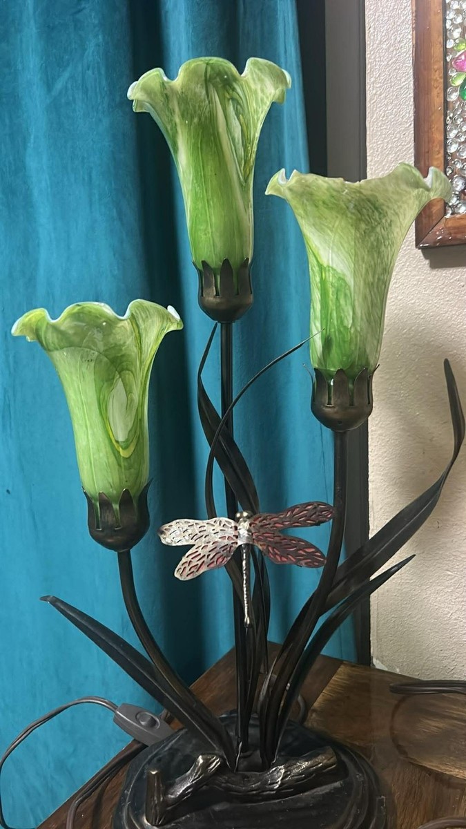 DALE TIFFANY DRAGONFLY W/ GREEN ART GLASS TULIP SHADES BRONZE