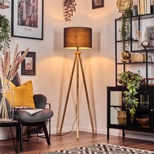 Lampa podłogowa i lampa podłogowa w stylu boho z drewnianą podstawą, kloszem z tkaniny, E27, przełącznikiem nożnym