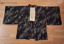 Authentic Silk Japanese Kimono Black with Metallic Thread Short, No Belt Obie 