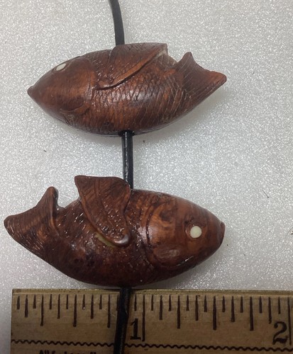 2 Beads Antique Carved Wood Fish MOP Eyes #6