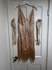 Gold Sequins Flapper New Years Eve Babeyond Dress With Gloves Size Small