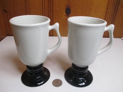 Set 2 Hall Pottery White Black Base 8oz Stoneware Irish Coffee Pedestal Mugs USA