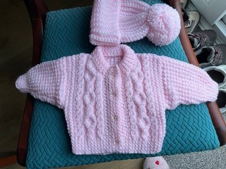Hand Knit Arran Baby Girl Cardigan and Hat Set 0 3 Months Pink