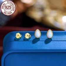 Gold Plated Water Drop Synthetic Opal Solid 925 Sterling Silver Stud Earrings