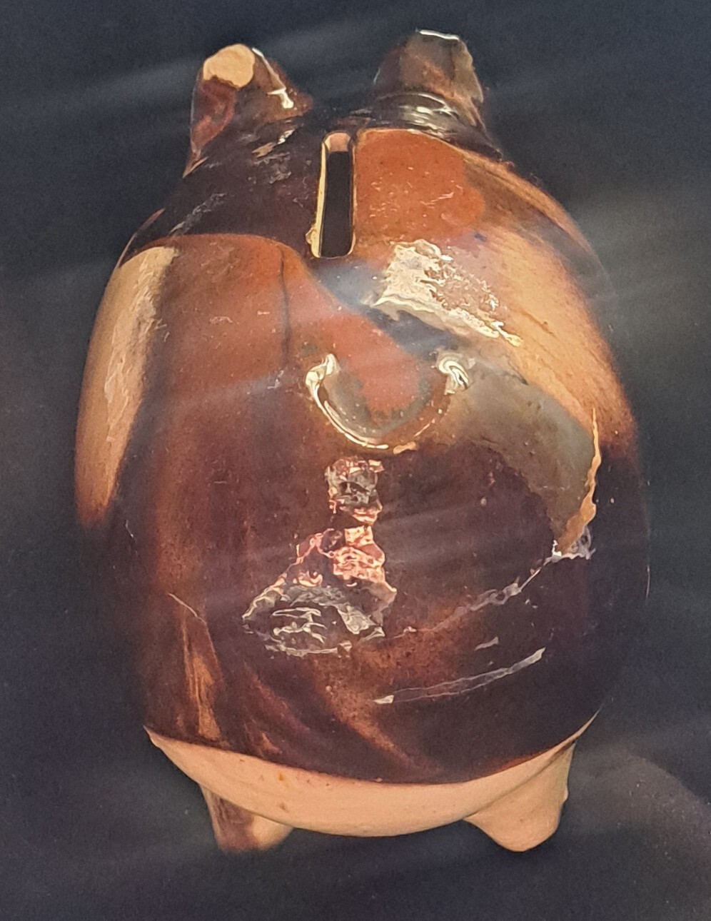 Antique Pottery Piggy Bank Drip Glaze Stoneware Hole Eye Coin Bank