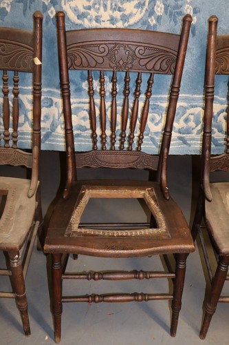 3 Antique Matching Pressed Back Chairs w/ Spindles - Hole Cane - Picture 4 of 6