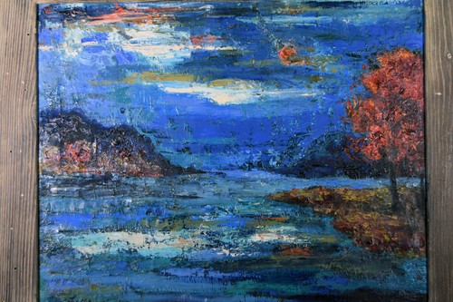 21" Painting Oil Canvas Judith Fellton Americana Abstract Landscape Forest Lake - 第 2/7 張圖片