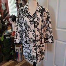 Chico's linen Jacket Size 2 Large Black White Geometric Floral Print Spring