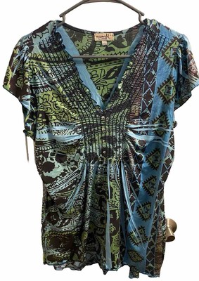 One World L Blouse Blue Green Sublimation Style Top Large Shirt Lg Stretch Nice