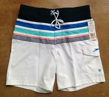 New Speedo Mens Swim Trunk Mid Length Boardshort E-Board Striped, Small