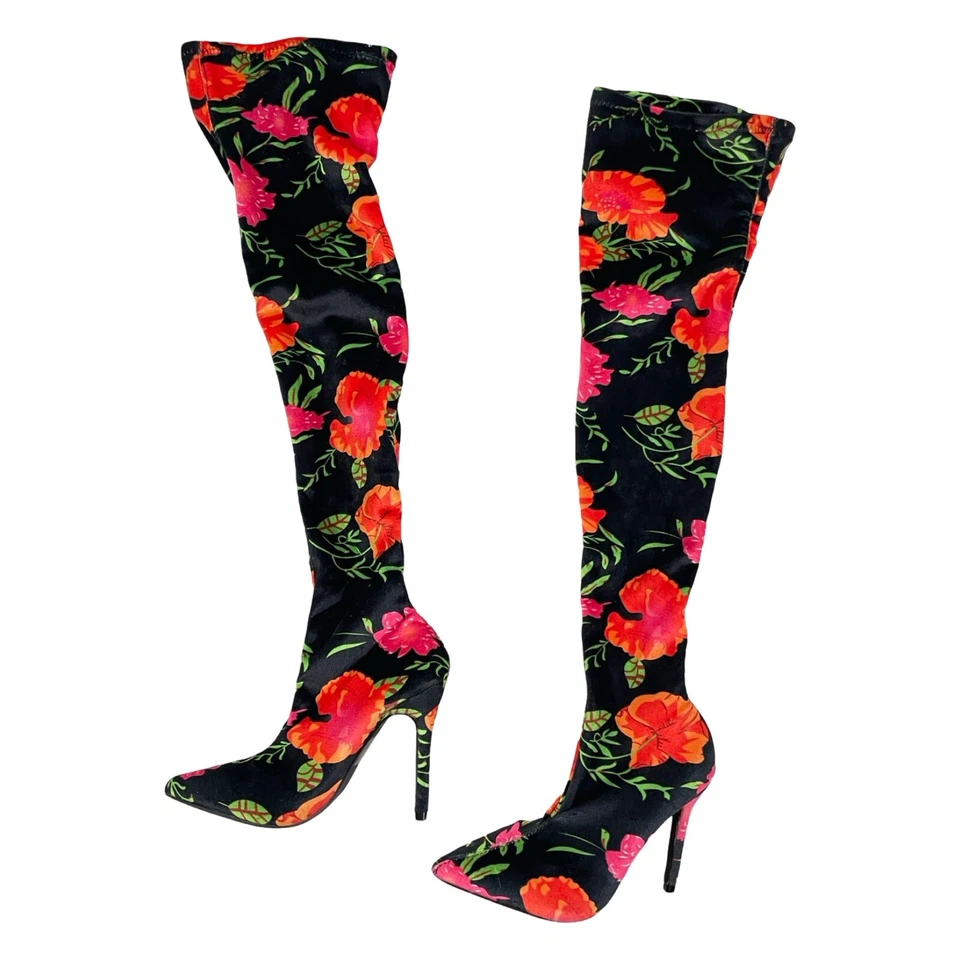 CAPE ROBBIN Botas Negro Rojo Flores Sobre la Rodilla Tacones Tela Terciopelo Talla 6 M Foto 2 de 4