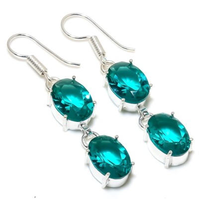 Mint Tourmaline Gemstone Handmade 925 Sterling Silver Jewelry Earring Sz 2''