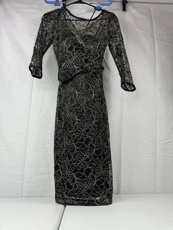 Vestido Theia 10 Alto Nuevo con Etiquetas Baile de graduación Gótico Negro Dorado Encaje Formal Alta Costura Corsé Foto 4 de 4