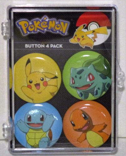 POKEMON "THE STARTERS" SET OF FOUR PIN BACK BUTTONS IN COLLECTORS CASE FREE SHIP - Afbeelding 1 van 2