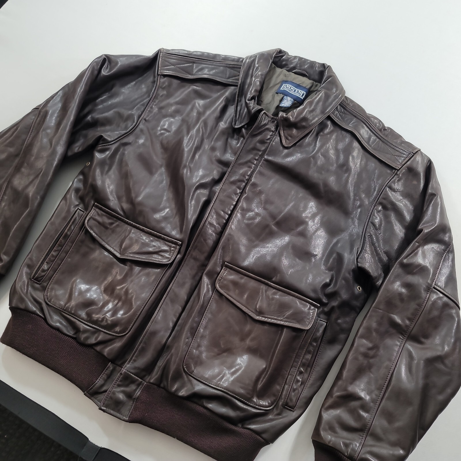 Lands End Leather Bomber Jacket Men Large Tall LT Brown Flight A2 Made