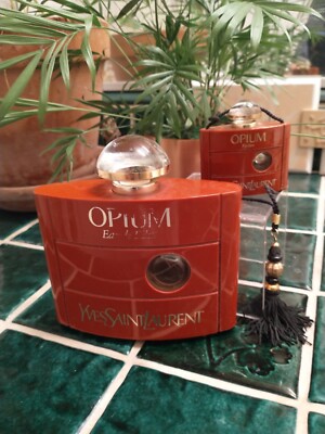 Vintage Opium Perfume Bottles Lot Of Two Empty, Large 4 Oz And Mini For Display 
